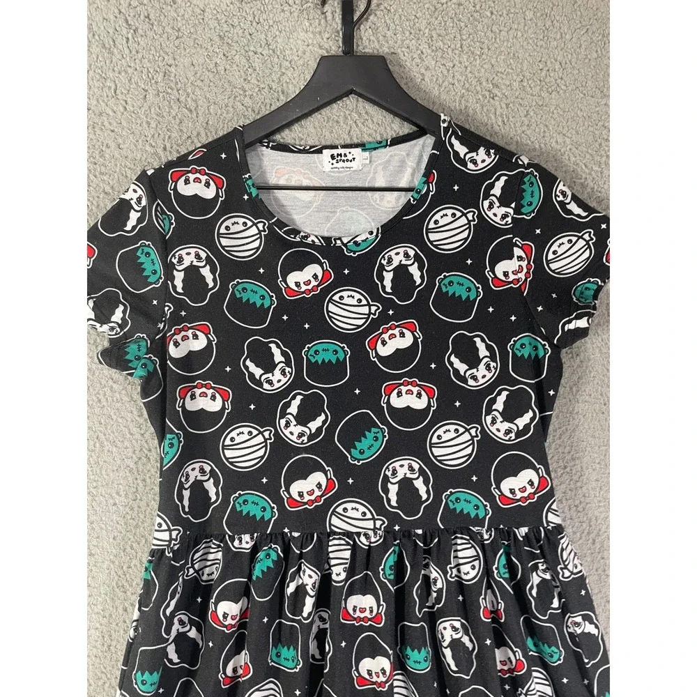 Em and Sprout Girls 10 12 Monster Print Black Skater Dress Halloween Kawaii